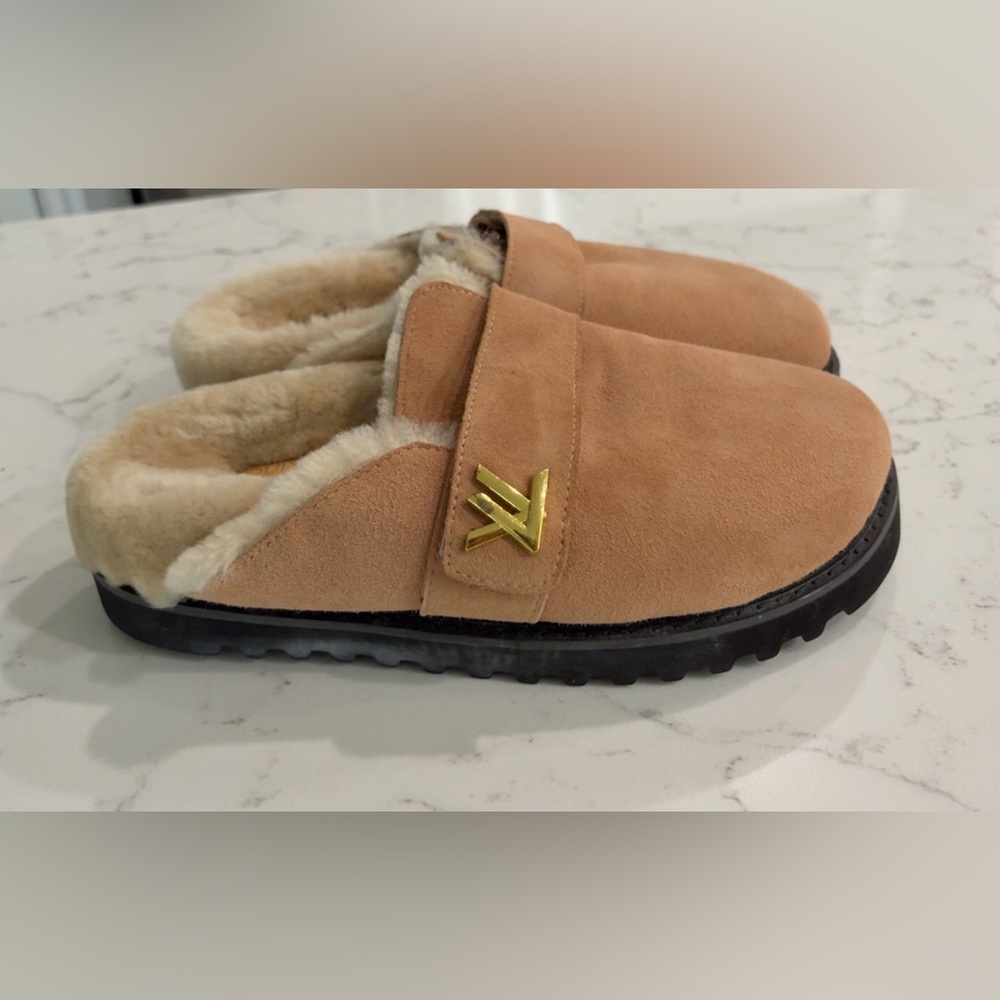LV Tan Suede Slip-On Shoes with Gold Accent